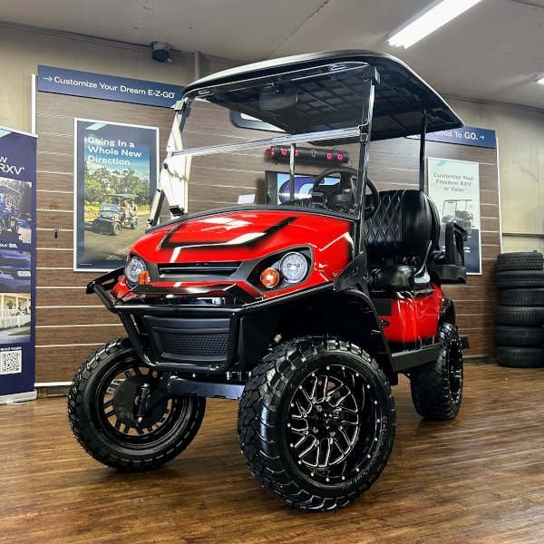2026 E-Z-GO Express 4 Lifted • Gas • Flame Red w/Black Trim • Street-Ready and American-Built - For Sale at Larrysgolfcarts