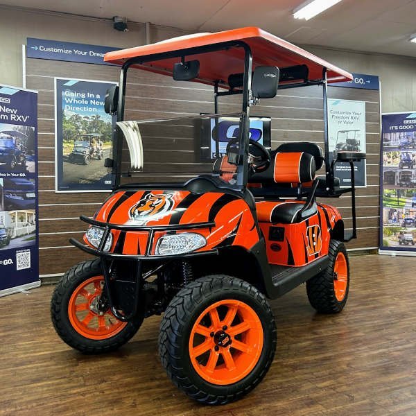 2021 E-Z-GO RXV Elite 2.2 Lifted • Lithium • Cincinnati Bengals • Street-Ready and American-Built - For Sale at Larrysgolfcarts