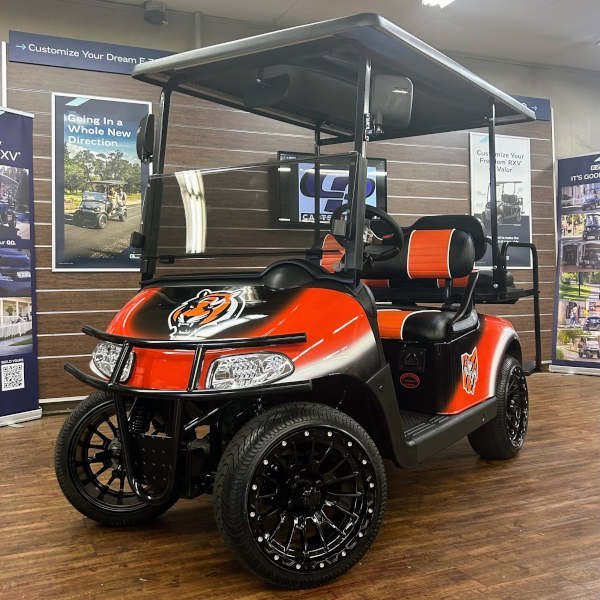 2021 E-Z-GO RXV Elite 2.2 • Lithium • Cincinnati Bengals • Street-Ready and American-Built - For Sale at Larrysgolfcarts