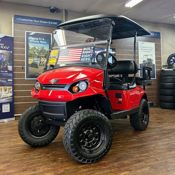 2026 E-Z-GO Express 4 Lifted • Gas • Flame Red • Street-Ready and American-Built - For Sale at Larrysgolfcarts