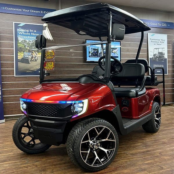 2021 E-Z-GO RXV Elite 2.2 • Lithium • Carmine Red Metallic Apex Body • Street-Ready and American-Built - For Sale at Larrysgolfcarts