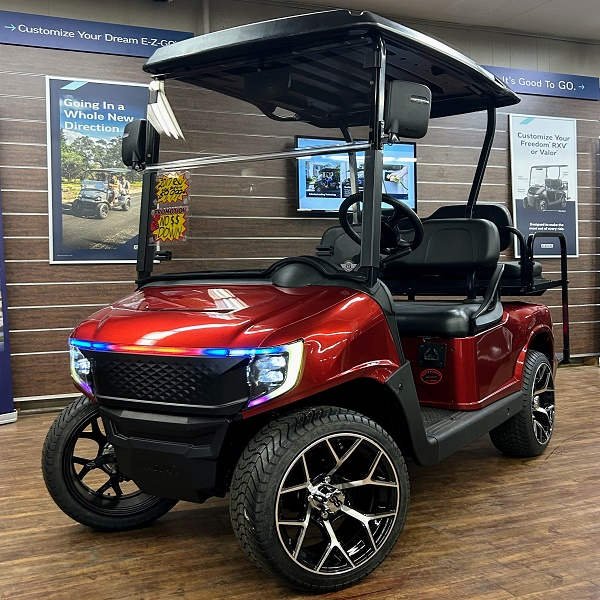 2021 E-Z-GO RXV Elite 2.2 • Lithium • Carmine Red Metallic Apex Body • Street-Ready and American-Built - For Sale at Larrysgolfcarts