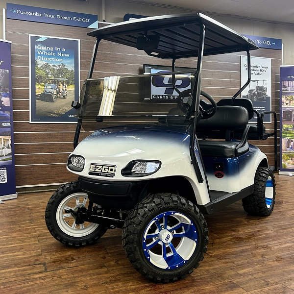 2018 E-Z-GO TXT • Gas • Blue/White Fade • Street-Ready and American-Built - For Sale at Larrysgolfcarts